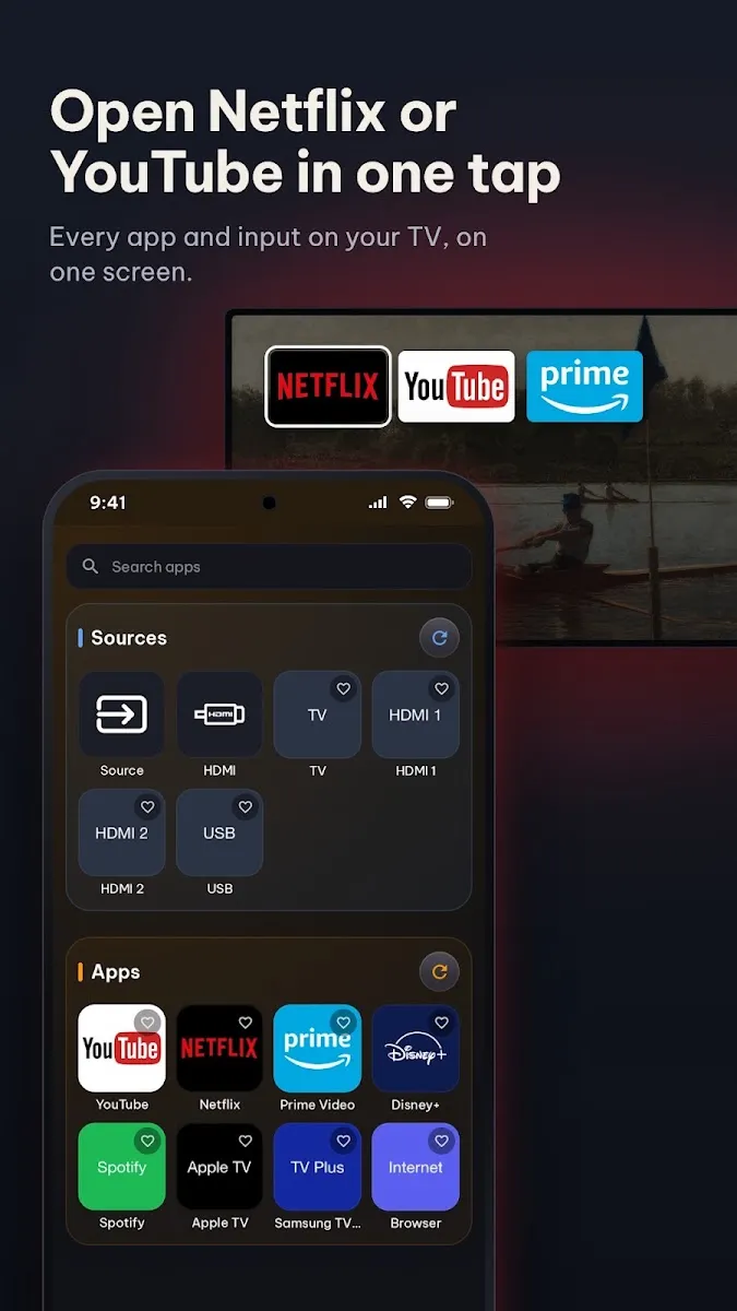 Grid of TV sources and apps such as Netflix and YouTube