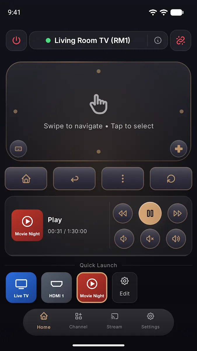 Swipe pad remote with playback controls and quick launch shortcuts