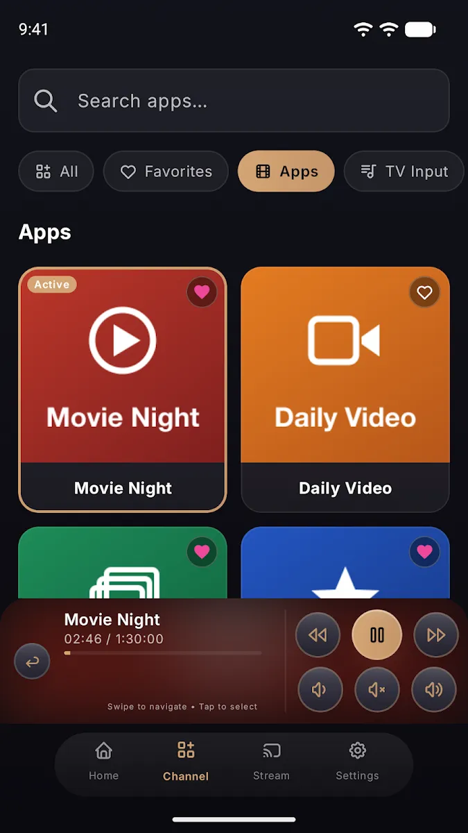 Channel list with search and favorites