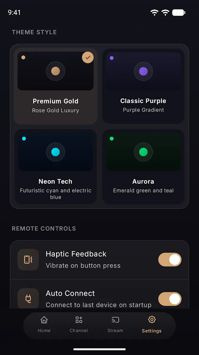 Theme settings with gold, purple, neon and aurora styles